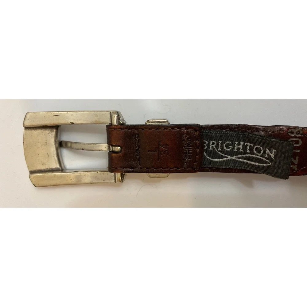 Brighton Brown Braided Leather Belt Q2108 with Silver Buckle and Details Size L